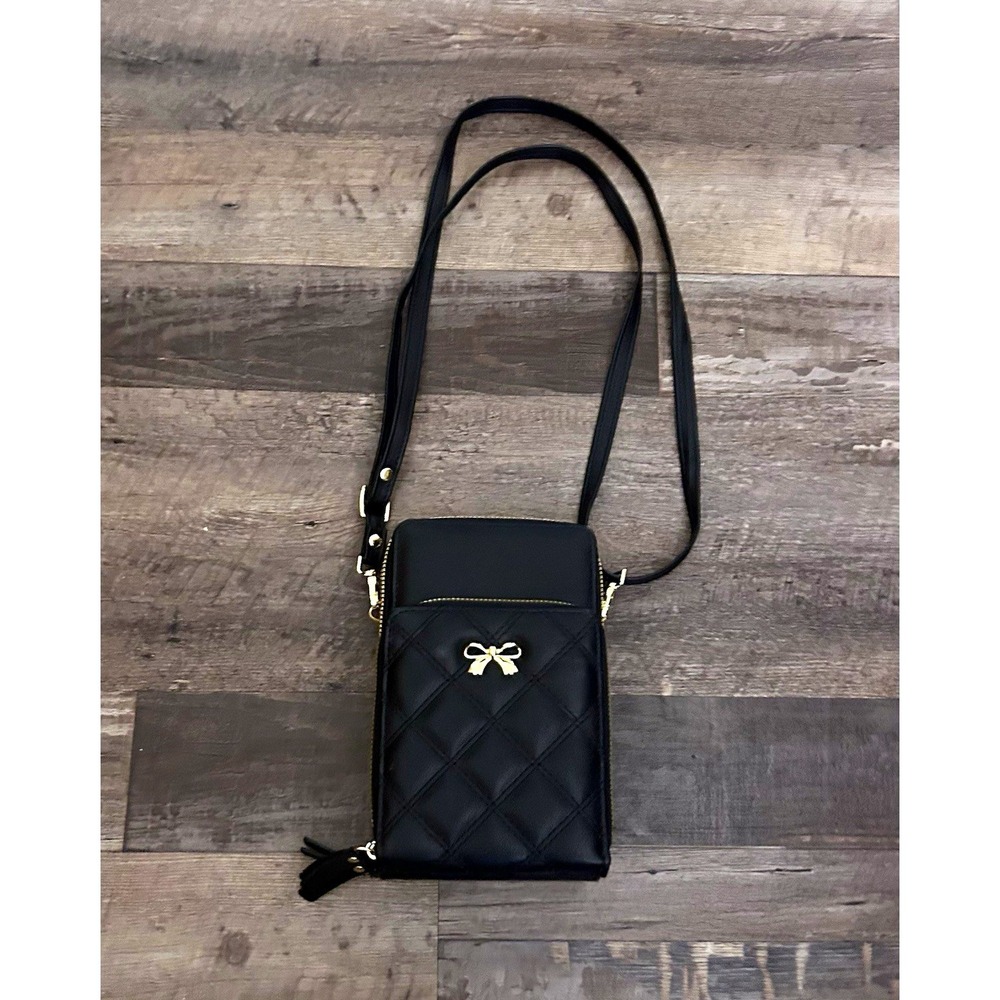 Women's Black Quilted Crossbody Phone Bag, Bow, Zip, Gold, Card Pockets